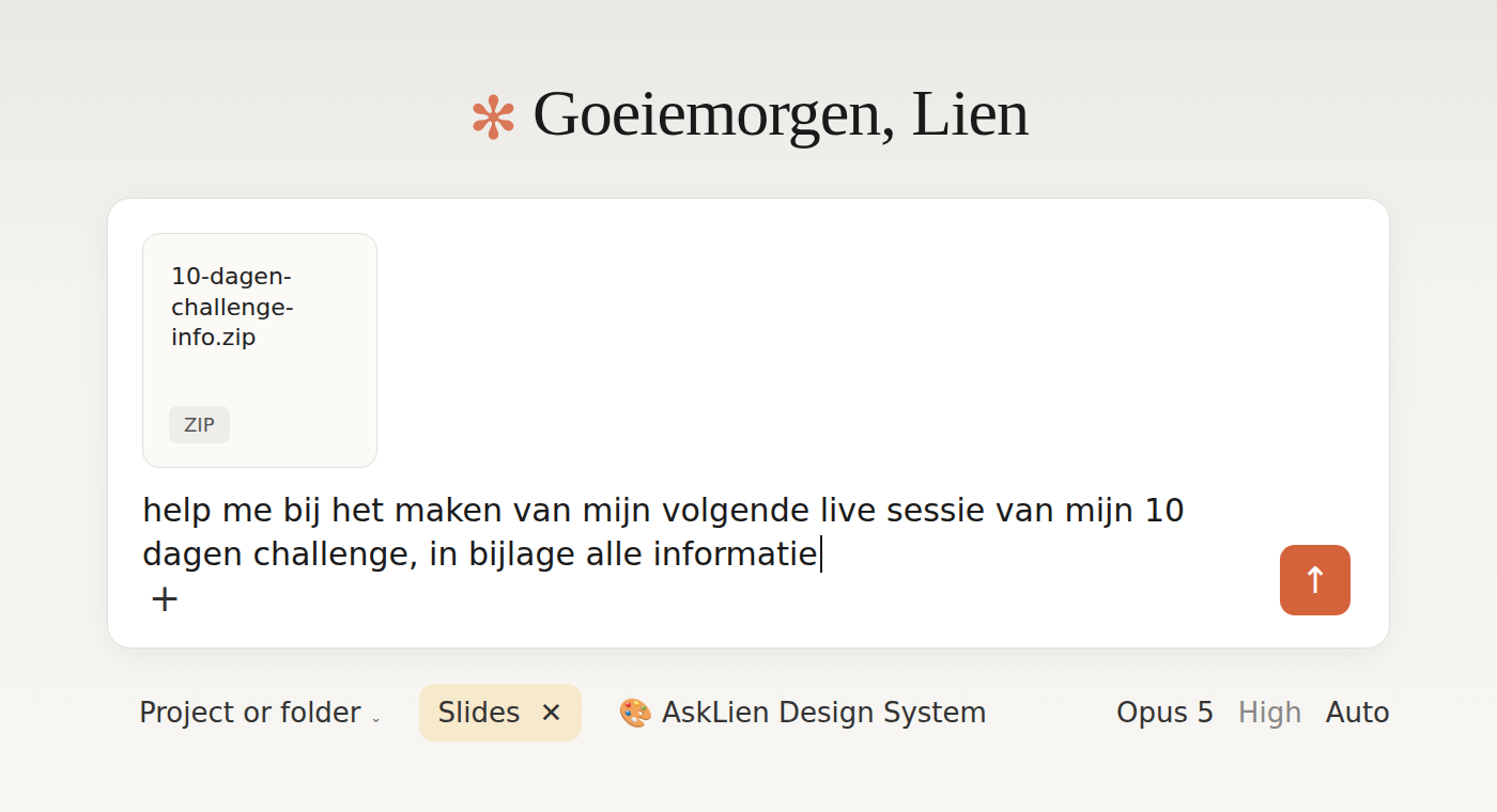 Een opdracht in Claude met een bijlage en de uitvoer Slides gekozen