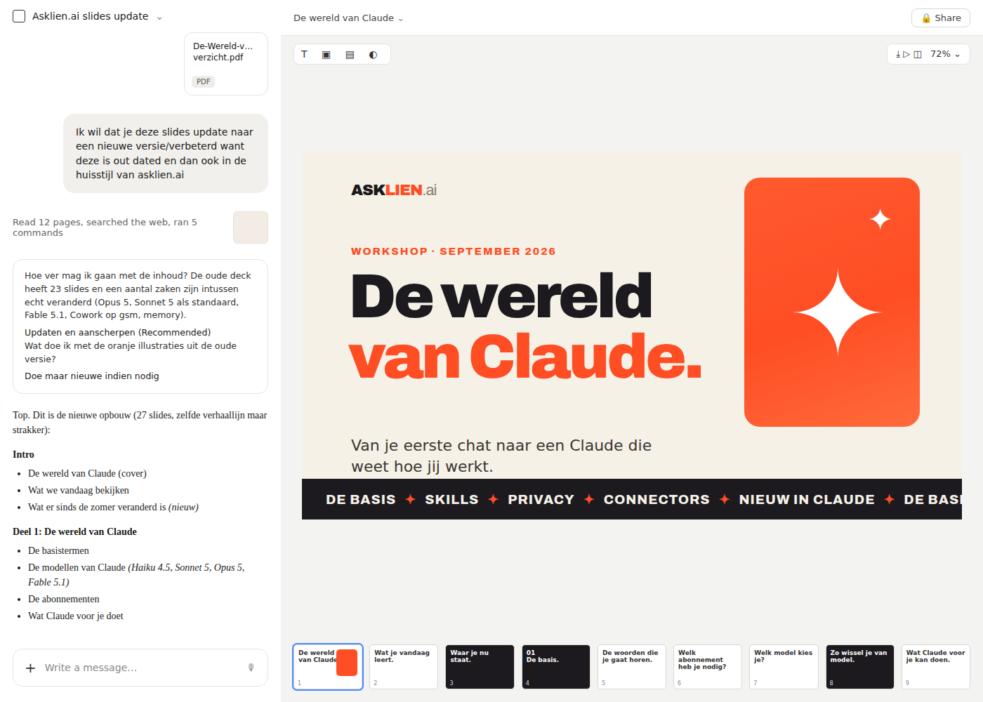Het resultaat in Claude Slides: het deck De wereld van Claude in de huisstijl van AskLien.ai
